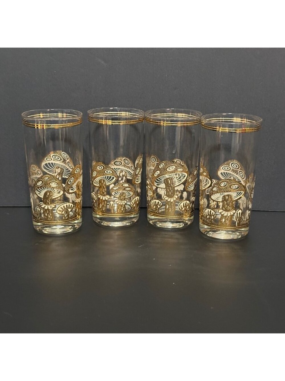 VTG Set of 4 MCM CULVER 22K Gold Gilded Mushroom Highball Tumbler Glasses Signed